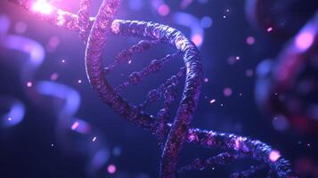 Colorful representation of DNA strand with vibrant particles in a dark background creating a mesmerizing scientific visualization photo