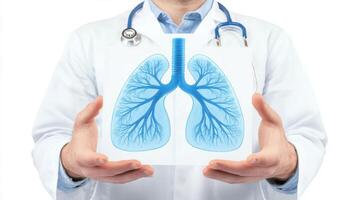 Medical professional displays a detailed illustration of human lungs in a clinical setting to educate about respiratory health photo