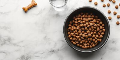 Dog food bowl filled with kibble on a marble countertop with water and a treat bone nearby photo