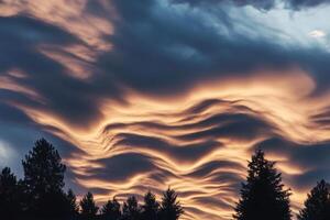 Mesmerizing cloud patterns illuminate the sky during sunset over a tranquil forest landscape photo
