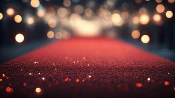 Sparkling red carpet leading to a glamorous event venue filled with shimmering lights photo