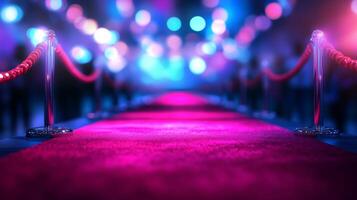 Elegant red carpet setting ahead of a glamorous event featuring colorful lights and a festive atmosphere photo