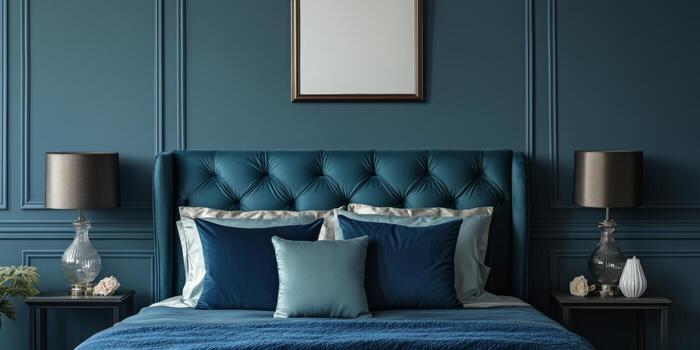Elegant bedroom with teal walls, plush bedding, and stylish lighting creates a serene atmosphere for relaxation and rest photo