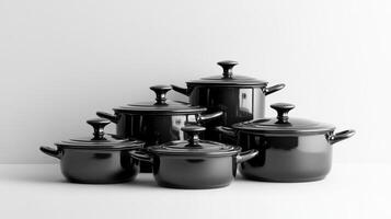 Stylish black cooking pots set on a clean, minimalistic kitchen countertop photo