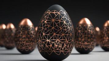 Elegant decorative eggs with geometric patterns showcased in a studio setting during a creative arts display photo