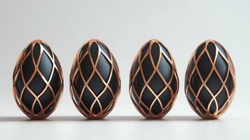 Elegant black and copper decorative eggs arranged in a row on a smooth surface photo