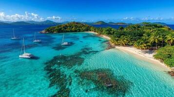 Clear blue waters and sailboats dotting the tranquil coastline in a tropical paradise during a sunny day photo