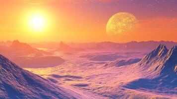 Vibrant alien landscape with glowing sun and distant planet over mountains during sunset photo