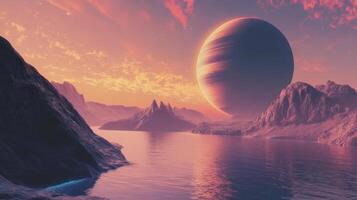 Breathtaking landscape with a giant planet above a serene lake at sunset photo