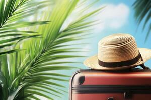 Summer vacation essentials with a hat and luggage surrounded by tropical plants photo