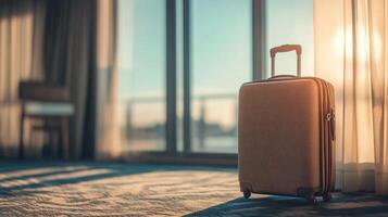 Suitcase near a window in a hotel room during golden hour showcasing travel planning and anticipation photo