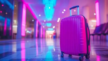 Bright pink suitcase stands out in an airport terminal with colorful lighting during evening hours photo