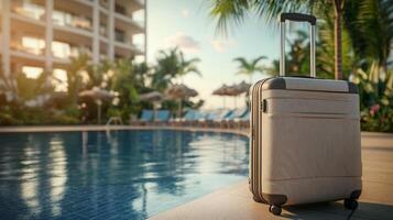 Suitcase beside a tranquil pool at a tropical resort during golden hour photo