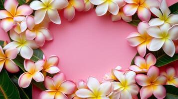 Colorful plumeria flowers arranged in a circular pattern on soft pink background for decoration or floral design photo