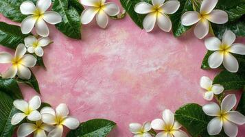 Decorative arrangement of frangipani flowers and green leaves on a pink surface creating a serene atmosphere photo
