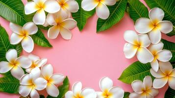 Beautiful plumeria flowers arranged elegantly on a pink background with green leaves for a decorative touch photo