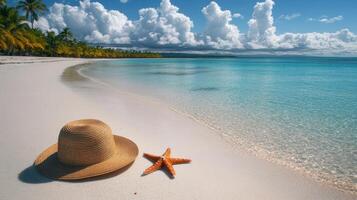 Relaxing beach scene with straw hat and starfish under a blue sky with clouds photo