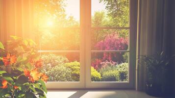 Beautiful morning sunlight streaming through a window into a colorful garden filled with vibrant flowers and greenery photo