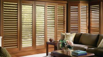 Elegant wooden shutters enhance the natural light in a cozy living room setting with comfortable furniture and fresh flowers photo