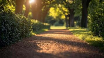 Pathway lined with trees during golden hour in a peaceful park setting photo