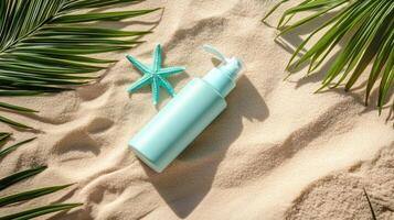 Product display on sandy beach with starfish and palm leaves in bright sunlight photo