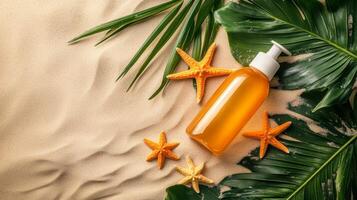 Sun-kissed oasis featuring a vibrant bottle of body lotion surrounded by starfish and palm leaves on soft sandy beach photo