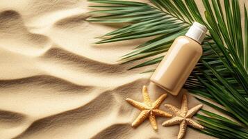 Relaxing beach setting with sun care products and natural elements on golden sand photo