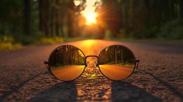 Sunglasses on a country road reflecting a vibrant sunset surrounded by lush trees photo