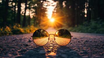 Sunglasses resting on a gravel road during sunset in a tranquil forest setting photo
