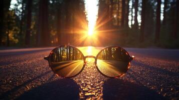 Sunglasses on a road reflecting a sunset and trees in a serene natural setting photo