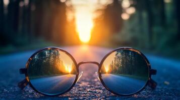 Vibrant sunset reflected in sunglasses on a quiet road surrounded by tall trees photo