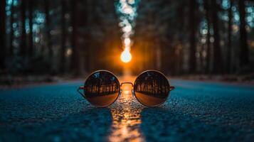 Sunglasses on a deserted road with sunset reflections in a tranquil forest setting photo