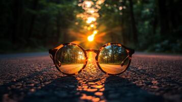 Reflections of sunset on glasses placed on a tranquil forest road during golden hour photo
