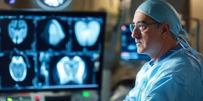 Medical professional analyzing patient X-rays in a modern hospital setting during a surgical procedure photo