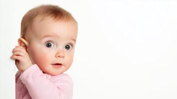 Curious baby peeking around a wall in a bright room during daytime photo