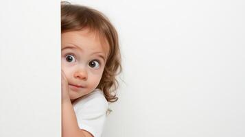 Child peeking around the corner with curiosity in a bright room photo