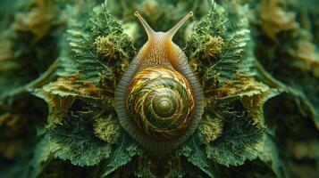 Colorful spiral snail resting on lush green foliage in a vibrant natural setting during daylight photo