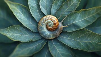 Snail resting on green leaves in a tranquil garden setting during springtime photo