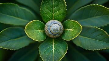 Snail resting amid lush green leaves in a tranquil garden setting during daylight hours photo