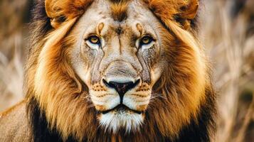 Majestic lion gazing intently in its natural habitat during daylight photo