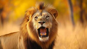 Majestic lion roaring in the golden grasslands during a vibrant sunset photo