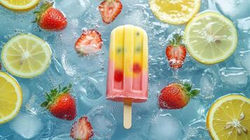 Colorful fruit popsicle surrounded by ice and fresh strawberries and lemons at a summer picnic photo