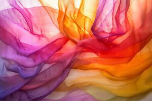 Colorful flowing fabric creates a vibrant abstract pattern in soft light during a warm afternoon photo