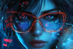 Woman with glowing glasses immersed in a digital world, showcasing futuristic technology and vibrant colors photo