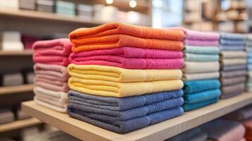 Stacked colorful towels displayed on a wooden shelf in a bright store during daytime photo