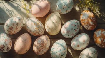 Beautifully decorated Easter eggs arranged on a wooden surface with natural light creating delicate shadows photo