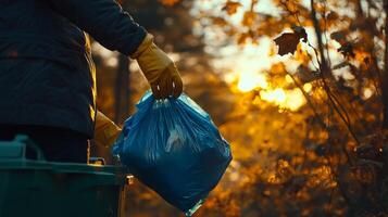Person wearing gloves holds a blue garbage bag while standing in a forest during sunset photo