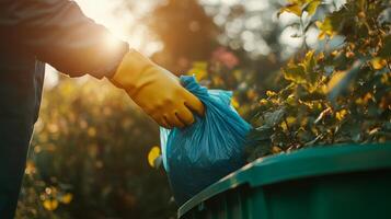 Person cleaning up garden waste in a community garden during sunset with bright colors and warm light photo