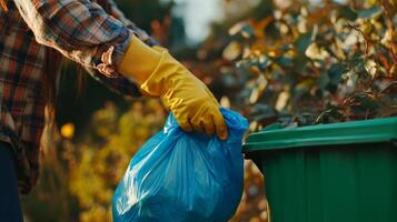 Person wearing yellow gloves disposing of trash in green bin during daytime in a garden setting photo