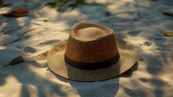 Straw hat resting on warm sandy beach under soft sunlight during late afternoon photo